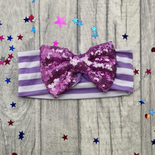 Load image into Gallery viewer, Baby Girl Multi Coloured Striped Headband with Light Pink, Dark Pink, Purple or Blue Sequin Glitter Bow