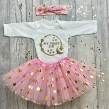 Load image into Gallery viewer, My First Eid Polka Dot Tutu Skirt, Romper & Headband Outfit