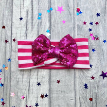 Load image into Gallery viewer, Baby Girl Multi Coloured Striped Headband with Light Pink, Dark Pink, Purple or Blue Sequin Glitter Bow