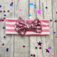 Load image into Gallery viewer, Baby Girl Multi Coloured Striped Headband with Light Pink, Dark Pink, Purple or Blue Sequin Glitter Bow
