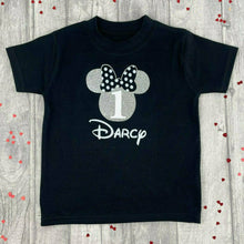 Load image into Gallery viewer, Personalised Girls Minnie Mouse Disney Birthday T-Shirt, Baby Girls Black Cotton T-Shirt
