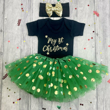 Load image into Gallery viewer, My 1st Christmas Black short sleeve romper with green polka dot tutu skirt and Black / Gold sequin headband