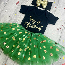 Load image into Gallery viewer, My 1st Christmas Black short sleeve romper with green polka dot tutu skirt and Black / Gold sequin headband
