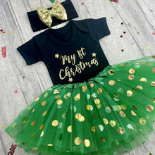 Load image into Gallery viewer, My 1st Christmas Black short sleeve romper with green polka dot tutu skirt and Black / Gold sequin headband