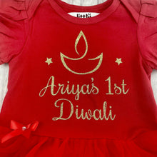 Load image into Gallery viewer, Personalised '1st Diwali' Baby Girl Tutu Romper With Matching Bow Headband Gold Glitter Design