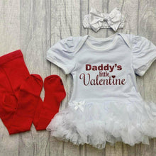 Load image into Gallery viewer, 'Daddy's Little Valentine' Baby Girl Tutu Romper With Matching Bow Headband And Red Tights, Valentine’s Day