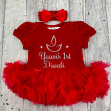 Load image into Gallery viewer, Personalised 1st Diwali Baby Girl Tutu Romper With Matching Bow Headband, Silver Glitter Design
