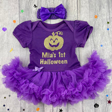 Load image into Gallery viewer, Personalised 1st Halloween Pumpkin Baby Girl Tutu Romper With Headband