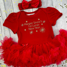 Load image into Gallery viewer, Personalised 1st Lunar New Year Baby Girl red Tutu Romper with Matching Bow Headband, Chinese New Year gold glitter design