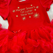 Load image into Gallery viewer, Personalised 1st Lunar New Year Baby Girl red Tutu Romper with Matching Bow Headband, Chinese New Year gold glitter design