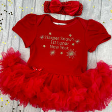 Load image into Gallery viewer, Personalised 1st Lunar New Year Baby Girl red Tutu Romper with Matching Bow Headband, Chinese New Year gold glitter design