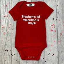 Load image into Gallery viewer, Personalised '1st Valentine's Day' Short Sleeve Romper, White Glitter Text