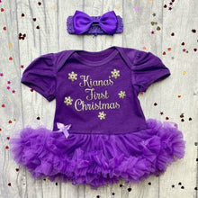Load image into Gallery viewer, 'First Christmas' Personalised Baby Girl Tutu Romper With Matching Bow Headband, Gold Snowflake Design