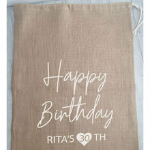 Load image into Gallery viewer, Happy Birthday Personalised Gift Sack, Milestone Birthday Present Hessian Draw String Bag