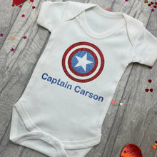 Load image into Gallery viewer, Personalised Captain America Superhero Baby Boy Romper