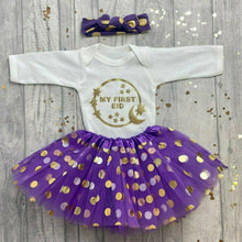 Load image into Gallery viewer, My First Eid Polka Dot Tutu Skirt, Romper & Headband Outfit
