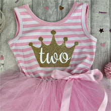 Load image into Gallery viewer, Girls 2nd Birthday, Pink and White Sleeveless Stripe Birthday Tutu Dress with Gold crown and white number two.