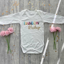 Load image into Gallery viewer, 'Rainbow Baby' Gold & White Long Sleeved Romper