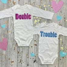 Load image into Gallery viewer, Twins 'Double Trouble' Long Sleeve Romper Baby Outfit Set