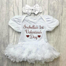 Load image into Gallery viewer, Personalised 1st Valentine's Day Baby Girl White Tutu Romper With Matching Bow Headband, Red Tights - Little Secrets Clothing