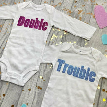 Load image into Gallery viewer, Twins 'Double Trouble' Long Sleeve Romper Baby Outfit Set