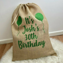 Load image into Gallery viewer, Personalised Milestone Birthday Present Sack, Balloons Presents Hessian Gift Sack - Little Secrets Clothing