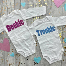 Load image into Gallery viewer, Twins 'Double Trouble' Long Sleeve Romper Baby Outfit Set