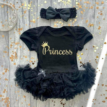 Load image into Gallery viewer, 'Princess' Crown Baby Girl Tutu Romper With Matching Bow Headband