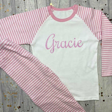 Load image into Gallery viewer, Personalised Pink and White Girls Pyjamas With Pink Glitter Text
