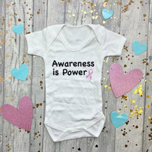 Load image into Gallery viewer, 'Awareness Is Power' Short Sleeved White Romper, Breast Cancer Awareness