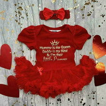 Load image into Gallery viewer, 'Mummy Is My Queen, Daddy Is My King & I'm Their Little Princess' Baby Girl Tutu Romper With Matching Bow Headband