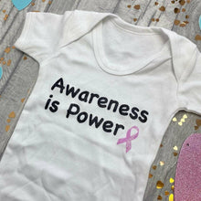 Load image into Gallery viewer, 'Awareness Is Power' Short Sleeved White Romper, Breast Cancer Awareness