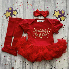 Load image into Gallery viewer, Personalised First Eid Red Tutu Romper with Tights or Leg Warmers