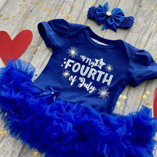 Load image into Gallery viewer, 'My 1st Fourth of July' Baby Girl Tutu Romper With Matching Bow Headband, White Glitter