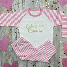 Load image into Gallery viewer, Little Sister Personalised Name Pink and White Stripe Girls Pyjamas - Little Secrets Clothing