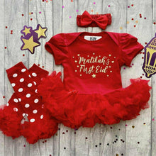 Load image into Gallery viewer, Personalised First Eid Red Tutu Romper with Tights or Leg Warmers