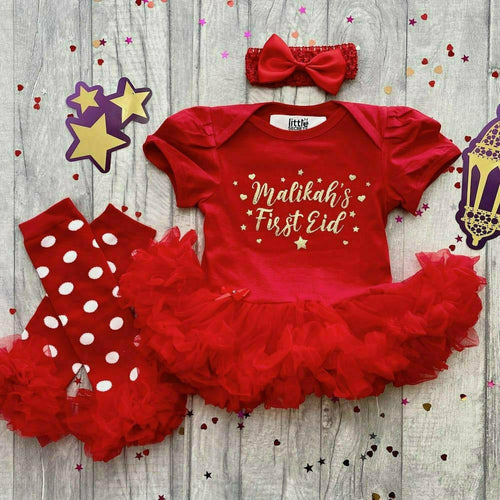 Personalised First Eid Red Tutu Romper with Tights or Leg Warmers