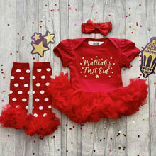 Load image into Gallery viewer, Personalised First Eid Red Tutu Romper with Tights or Leg Warmers