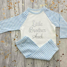 Load image into Gallery viewer, 'Little Brother' Personalised Blue and White Boys Pyjamas