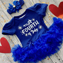 Load image into Gallery viewer, 'My 1st Fourth of July' Baby Girl Tutu Romper With Matching Bow Headband, White Glitter