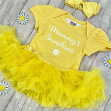 Load image into Gallery viewer, 'Mummy's Sunshine' Baby Girl Tutu Romper Dress With Matching Bow Headband, Sun Design