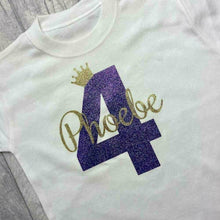 Load image into Gallery viewer, Boy's Personalised Birthday T-shirt with Name, Age and Crown, White T-shirt aged 1-5 years - Little Secrets Clothing