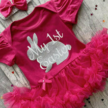 Load image into Gallery viewer, 'My 1st Easter' Baby Girl Tutu Romper With Matching Bow Headband, Silver Glitter Bunny