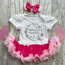 Load image into Gallery viewer, Personalised 'First Eid' Tutu Romper With Matching Bow Headband, Silver Moon and Stars Circle Design