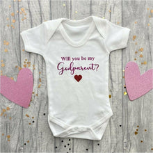Load image into Gallery viewer, Will You Be My Godparent? Baby Girl or Boy White Short Sleeve Romper - Little Secrets Clothing