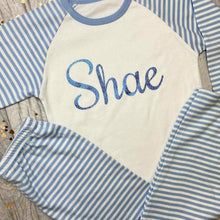 Load image into Gallery viewer, Personalised Blue and White Boys Pyjamas With Blue Glitter Text