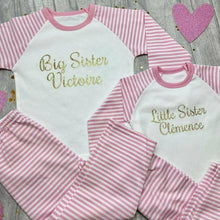 Load image into Gallery viewer, Little Sister Personalised Name Pink and White Stripe Girls Pyjamas - Little Secrets Clothing