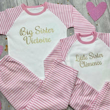 Load image into Gallery viewer, 'Big Sister' Personalised Name Pink and White Stripe Girls Pyjamas