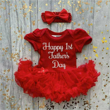 Load image into Gallery viewer, Happy 1st Father's Day Baby Girl red Tutu Romper With Matching Bow Headband, White glitter design