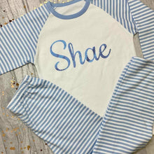 Load image into Gallery viewer, Personalised Blue and White Boys Pyjamas With Blue Glitter Text